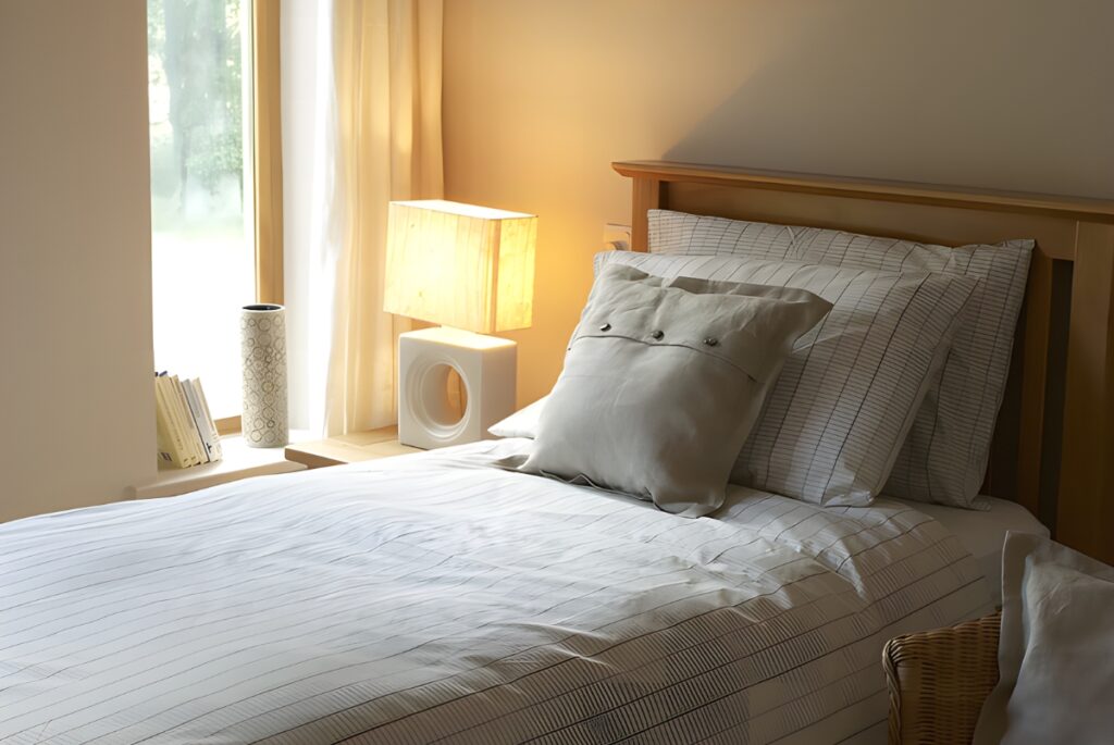 Cream bedroom with a single bed and pull-out trundle bed, suitable for flexible sleeping arrangements